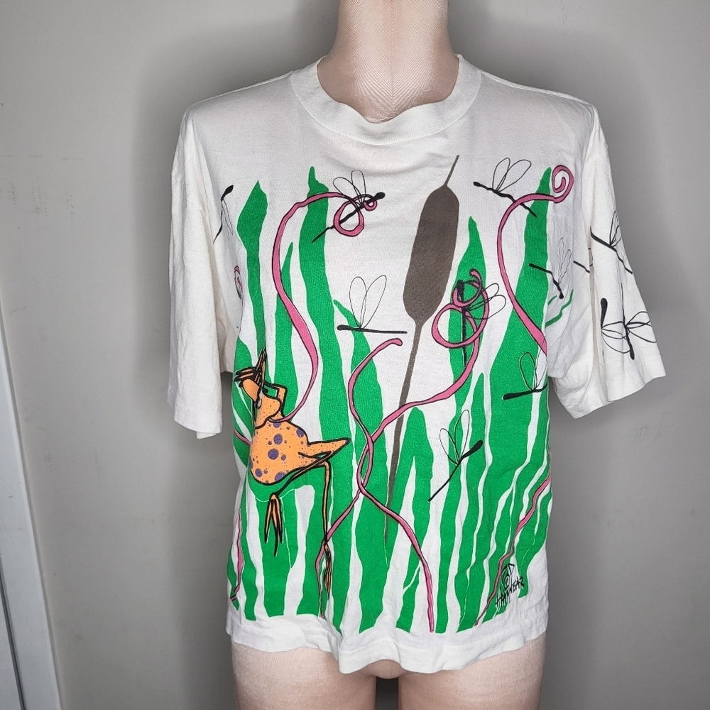 Vintage 90s White Cropped Graphic T-Shirt Green Reeds Orange Fish One Size